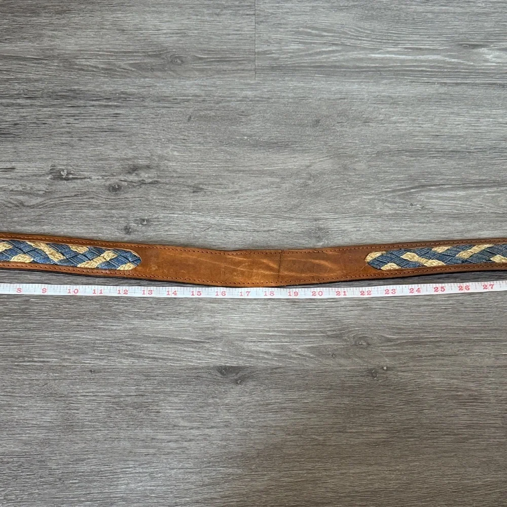 Western Brown Leather Belt with Denim Woven Panel Accents